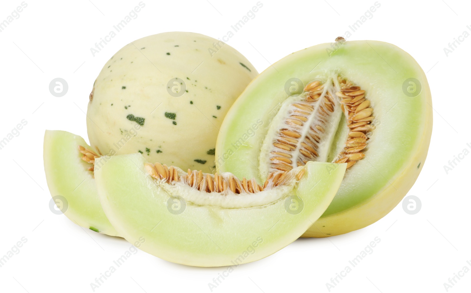 Photo of Whole and cut fresh ripe honeydew melons isolated on white