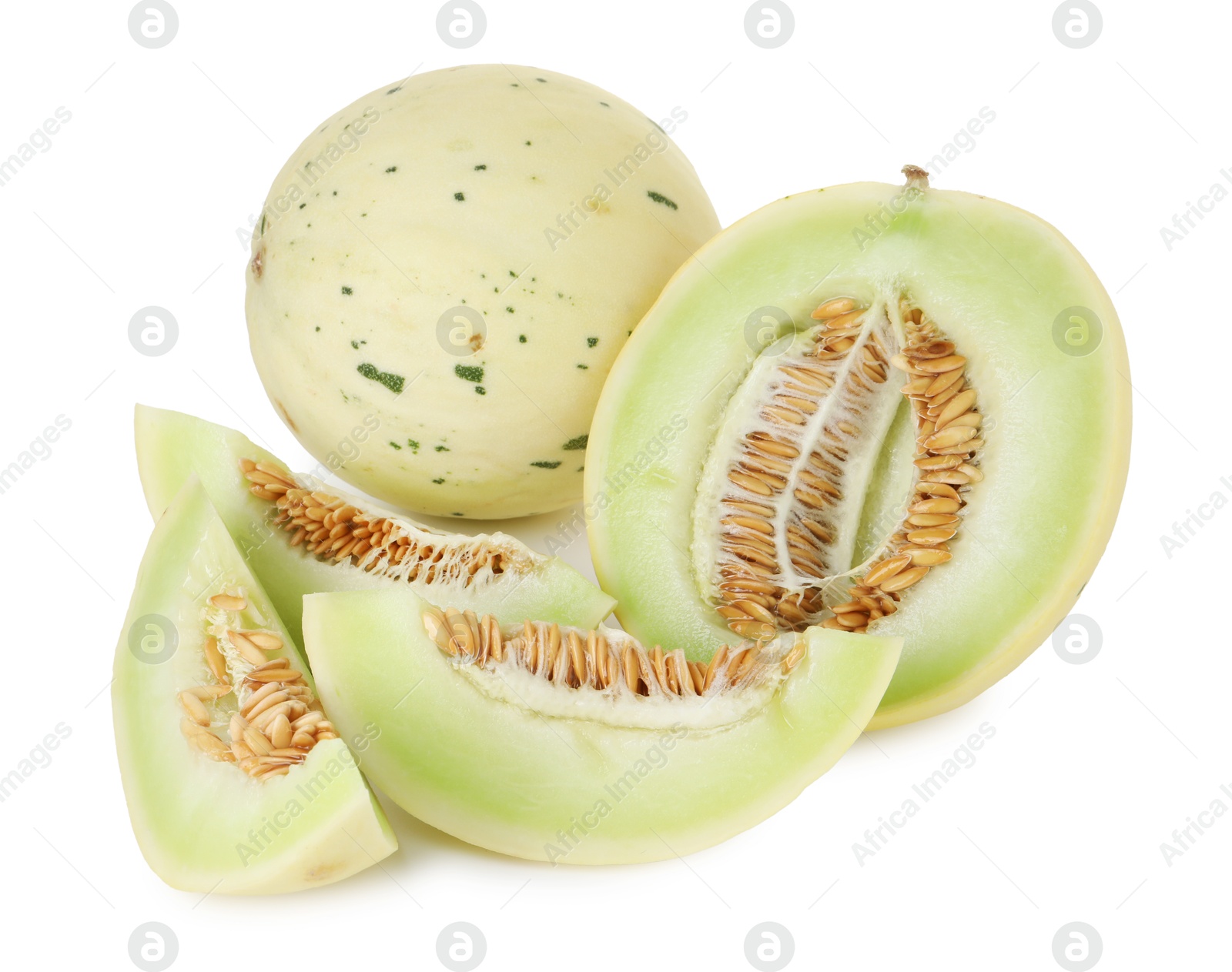 Photo of Whole and cut fresh ripe honeydew melons isolated on white