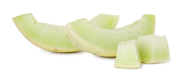 Photo of Pieces of fresh ripe honeydew melon isolated on white