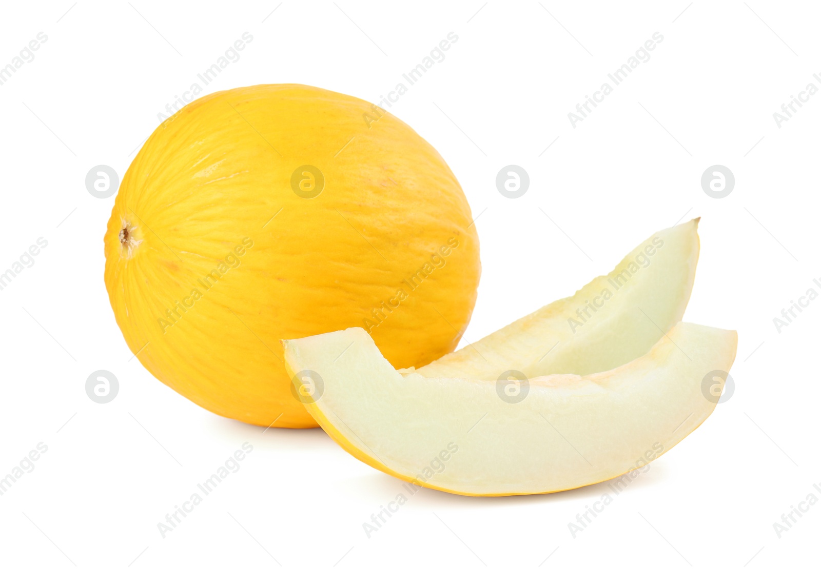 Photo of Whole and cut ripe melons isolated on white