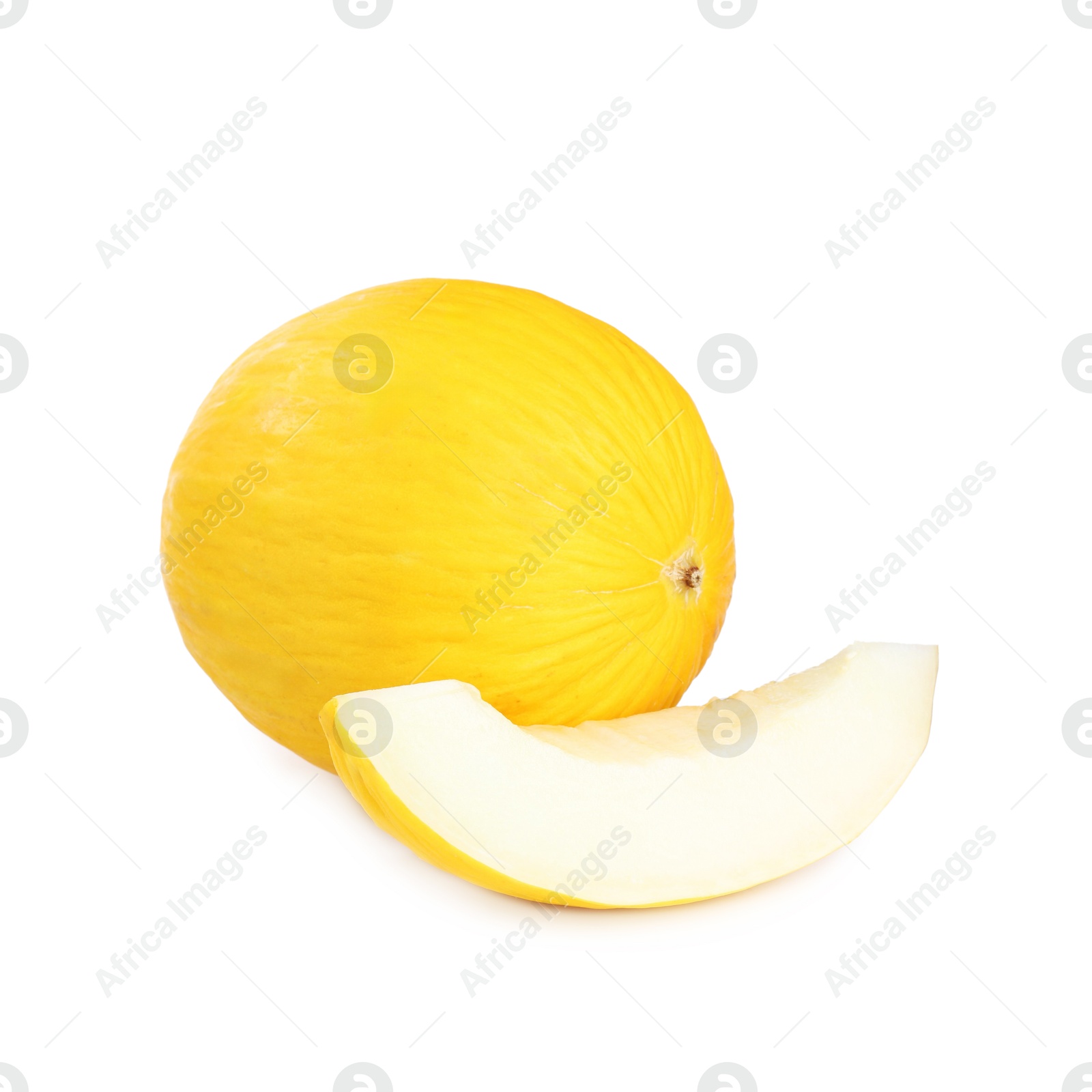 Photo of Whole and cut ripe melons isolated on white