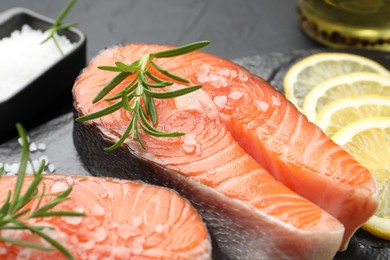 Photo of Fresh raw salmon steaks with salt, lemon and rosemary on dark table, closeup