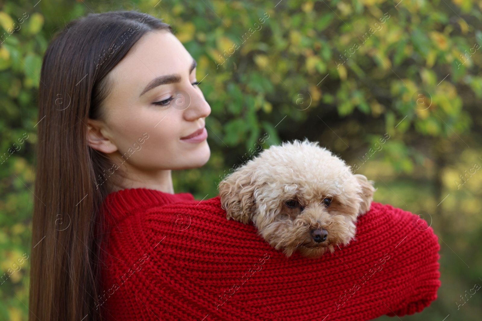 Photo of Woman with cute dog in autumn park