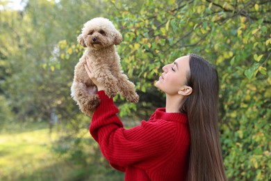 Photo of Woman with cute dog in autumn park