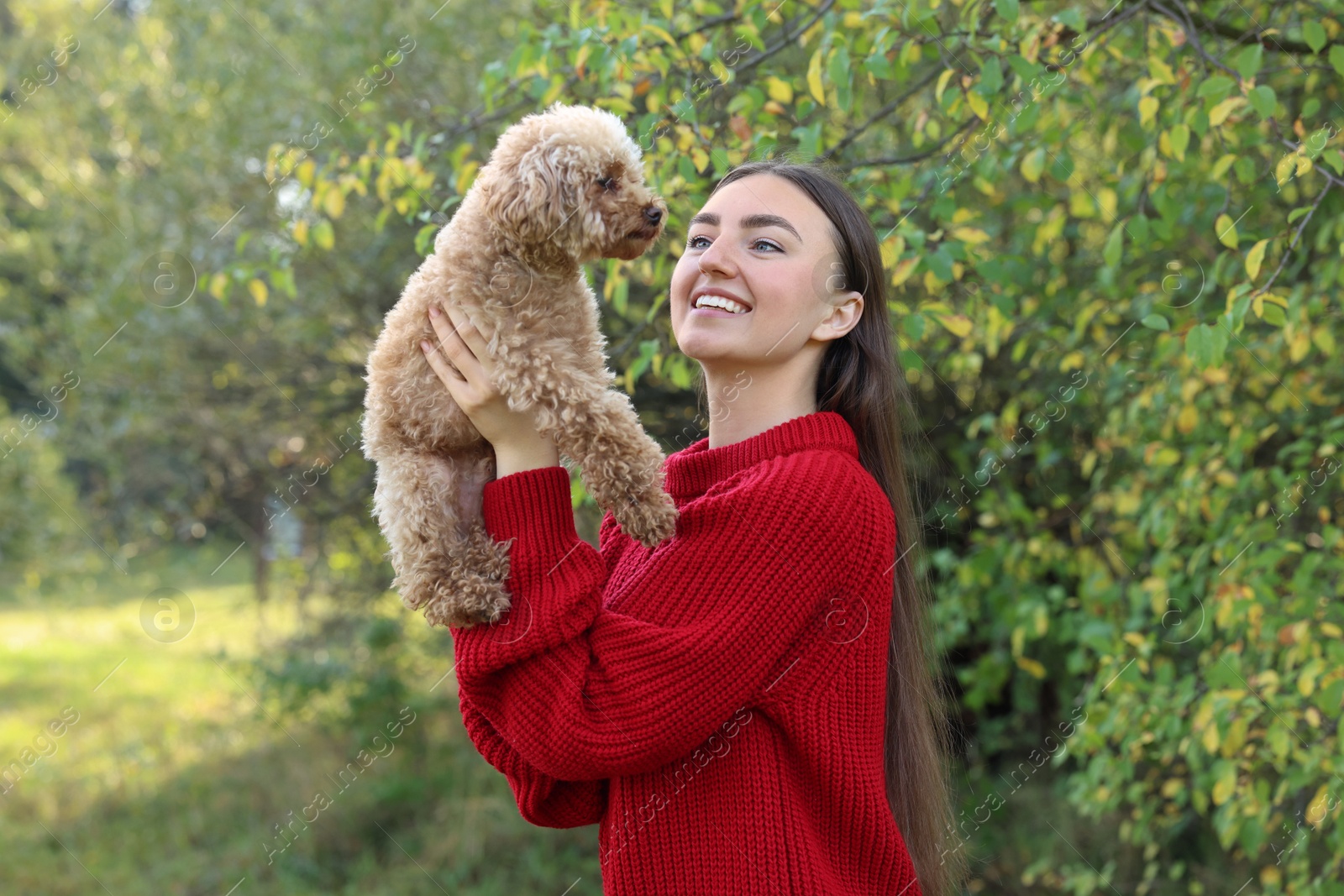 Photo of Smiling woman with cute dog in autumn park