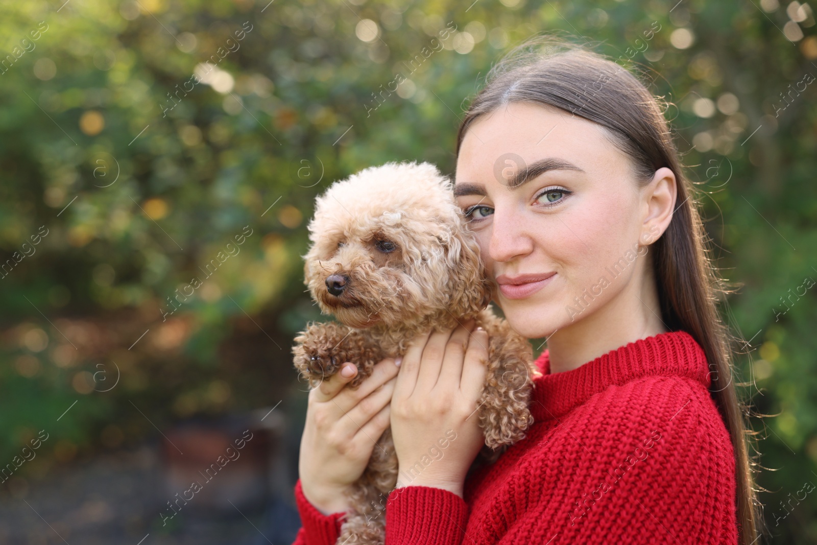 Photo of Portrait of woman with cute dog outdoors. Space for text