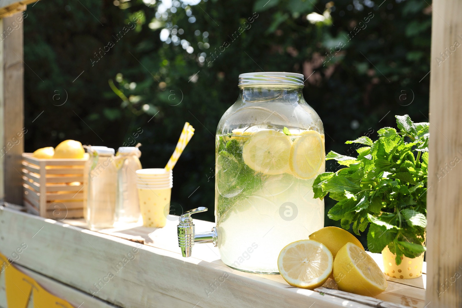 Photo of Lemonade stand with refreshing drink, fresh fruits and mint in park