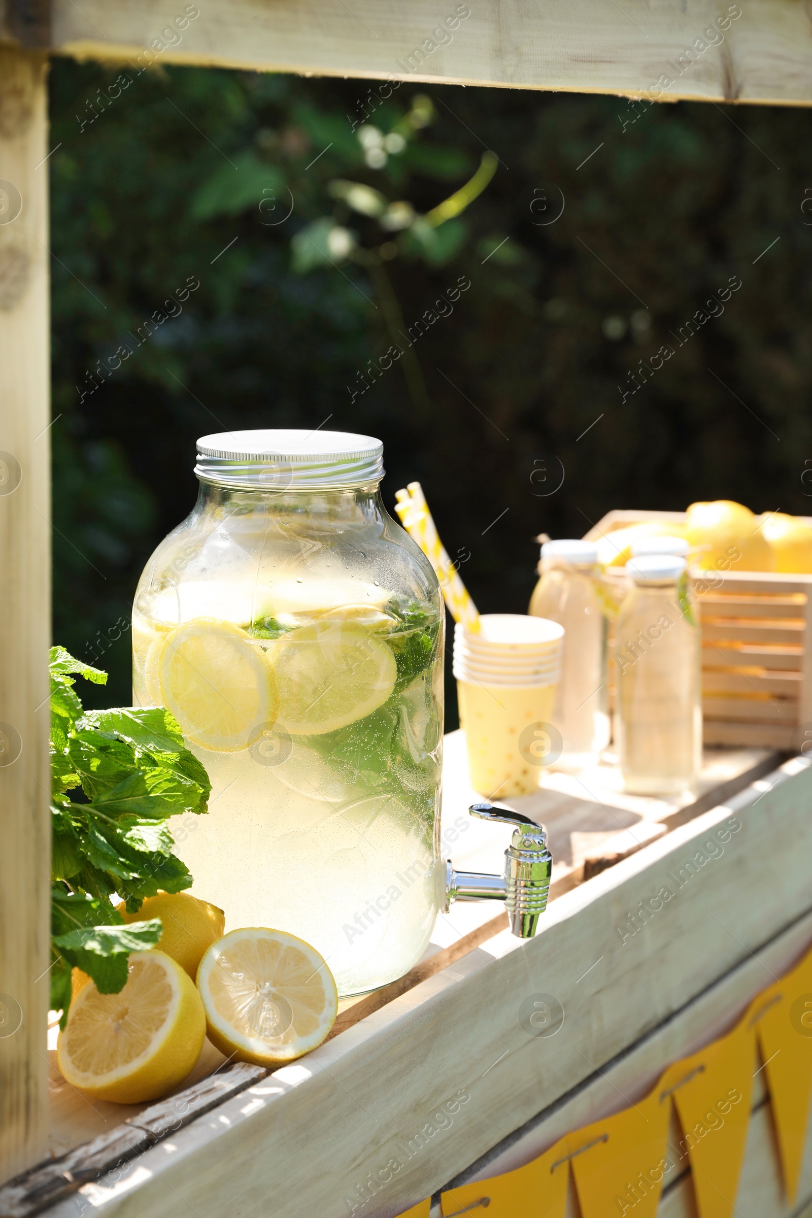 Photo of Lemonade stand with refreshing drink, fresh fruits and mint in park