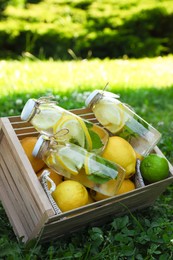 Photo of Refreshing lemonade with mint and fresh fruits in wooden crate on green grass outdoors