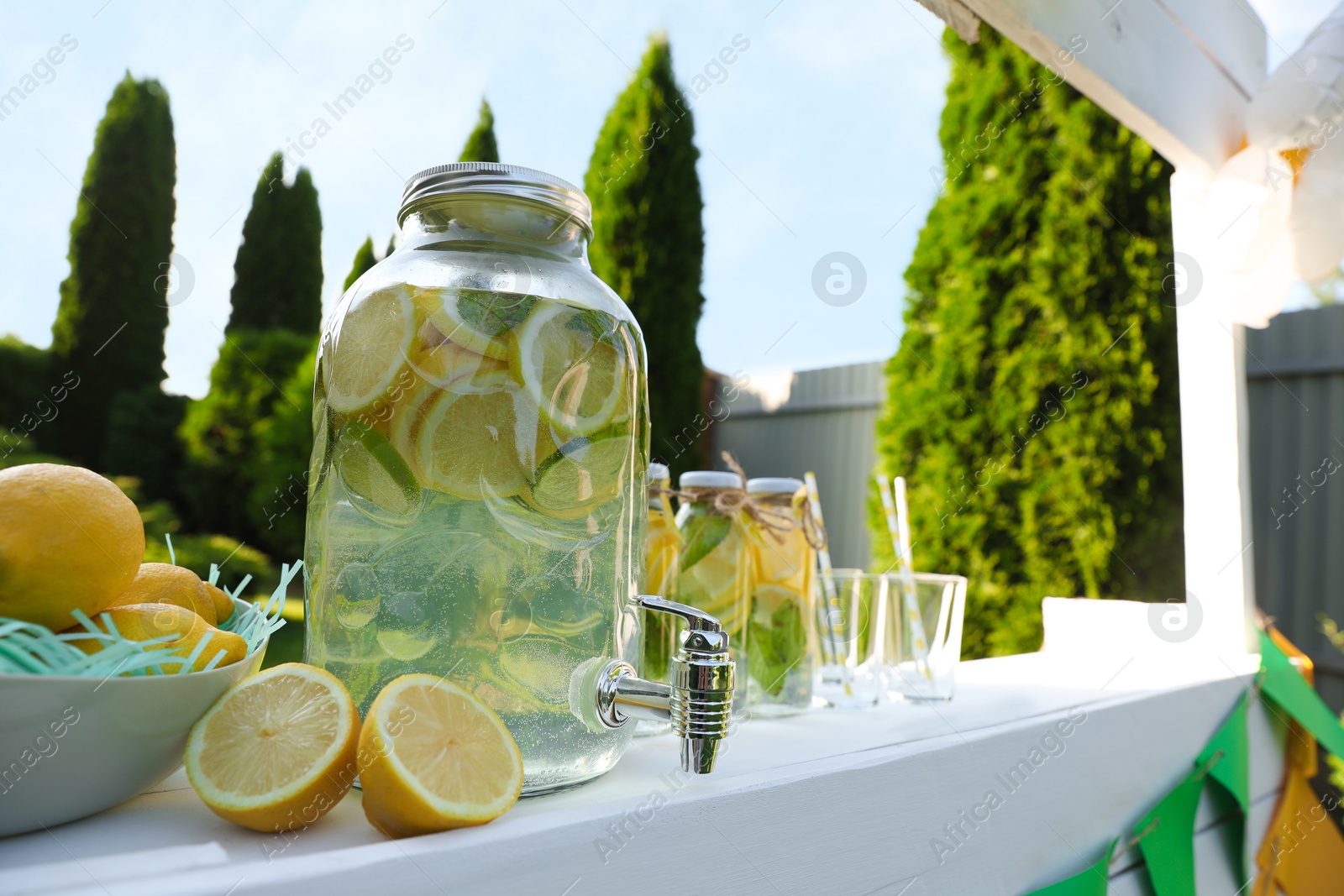 Photo of Lemonade stand with refreshing drink and fresh fruits in park