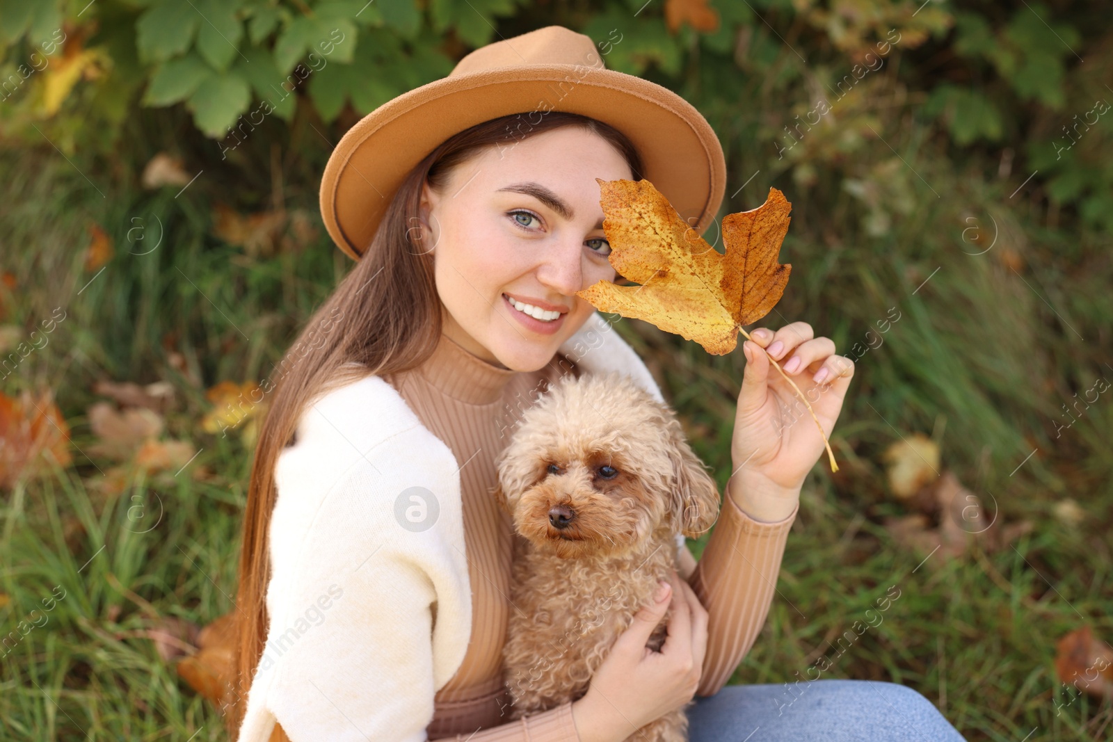 Photo of Smiling woman with cute dog and autumn leaf in park