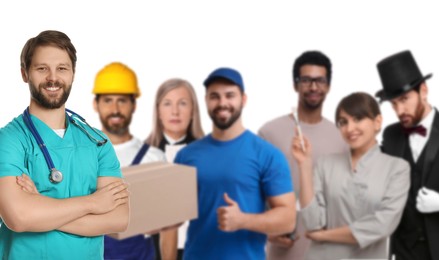 Image of Healthcare worker and people of other professions on white background, selective focus. Banner design