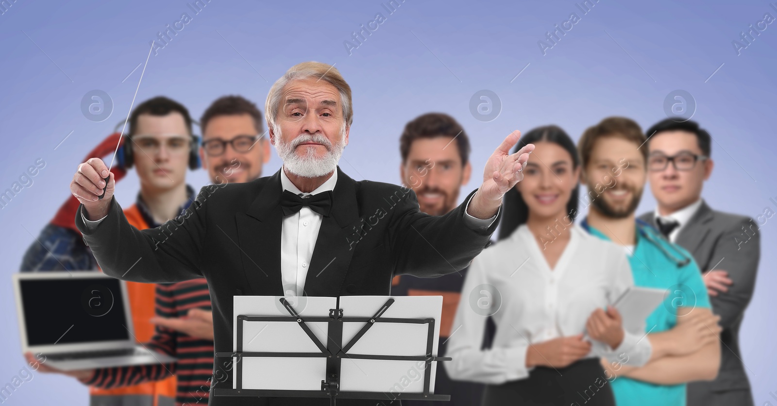 Image of Conductor and people of other professions on color background, selective focus. Banner design