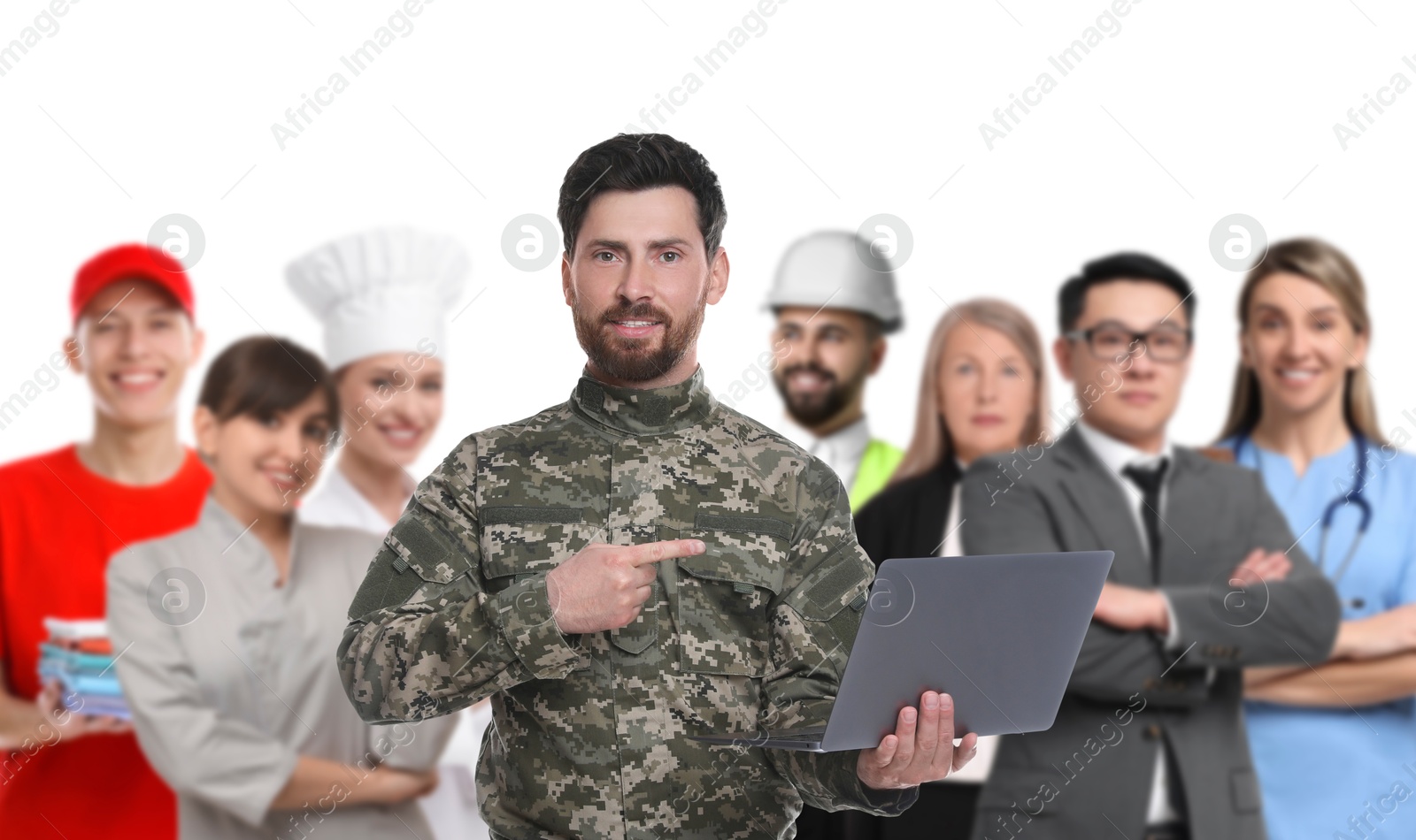 Image of Military man and people of other professions on white background, selective focus. Banner design