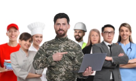 Military man and people of other professions on white background, selective focus. Banner design