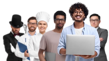 Computer programmer and people of other professions on white background, selective focus. Banner design