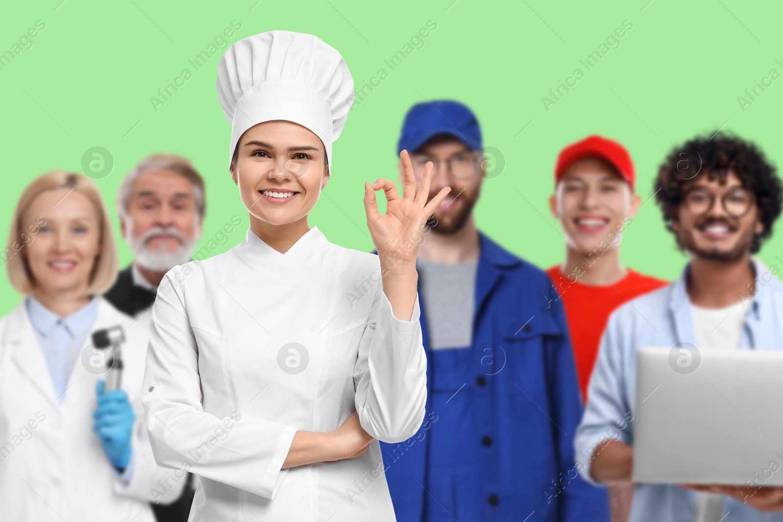 Image of Cook and people of other professions on light green background, selective focus