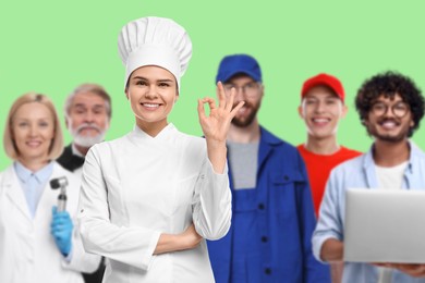 Cook and people of other professions on light green background, selective focus