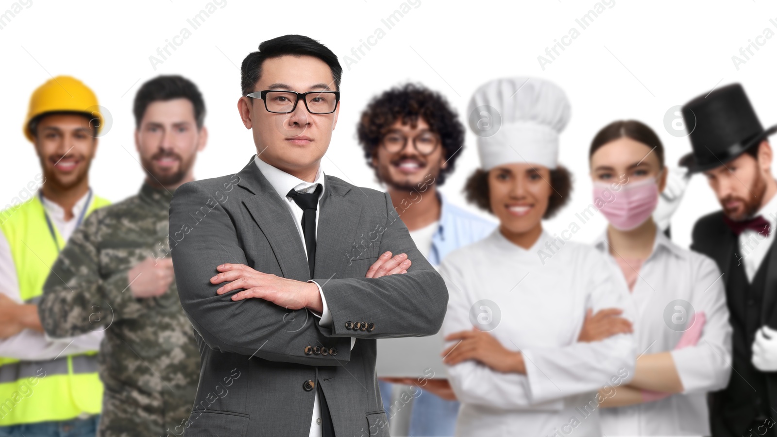 Image of Businessman and people of other professions on white background, selective focus. Banner design