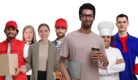 Image of Computer programmer and people of other professions on white background, selective focus. Banner design