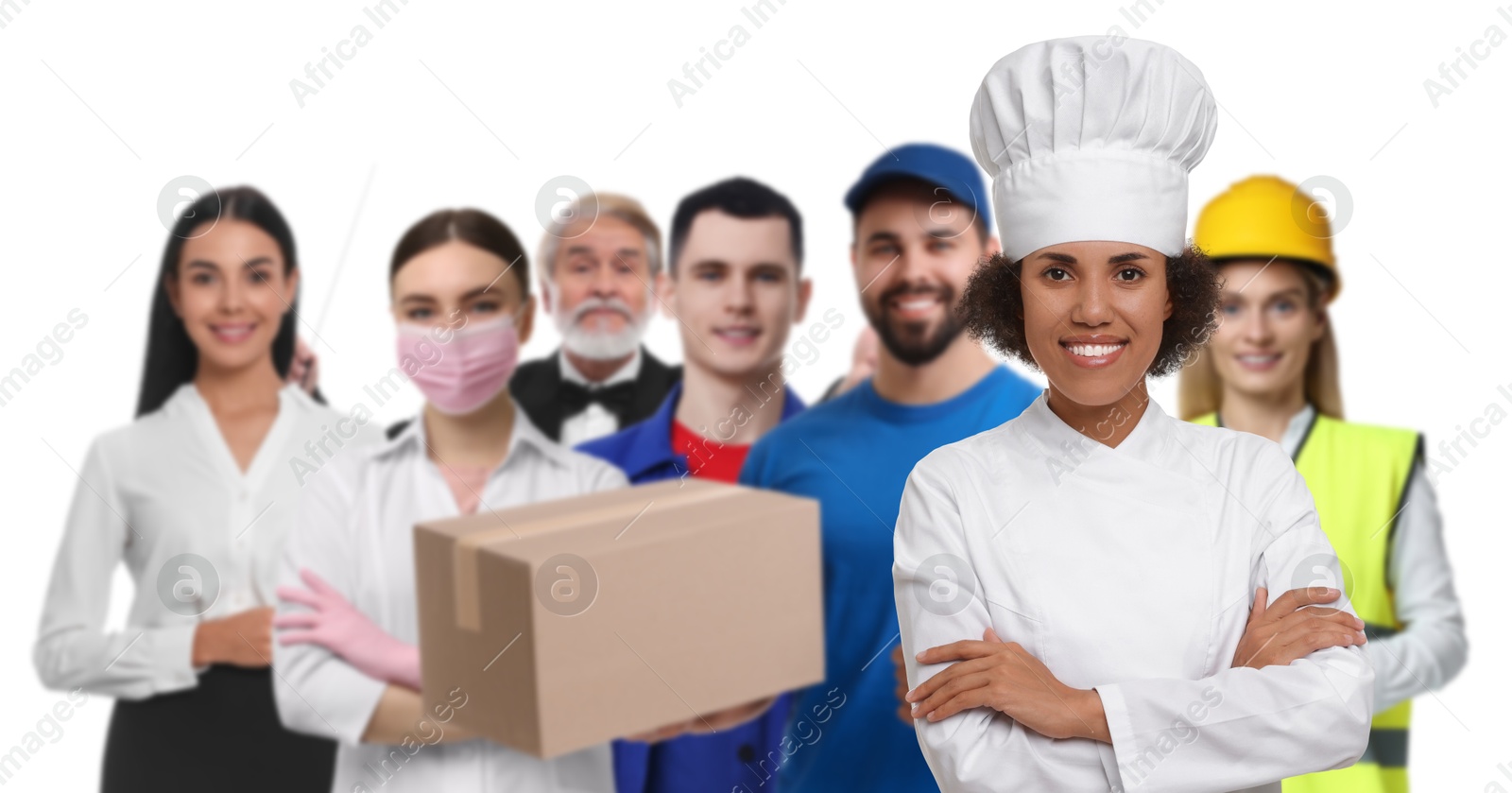 Image of Cook and people of other professions on white background, selective focus. Banner design