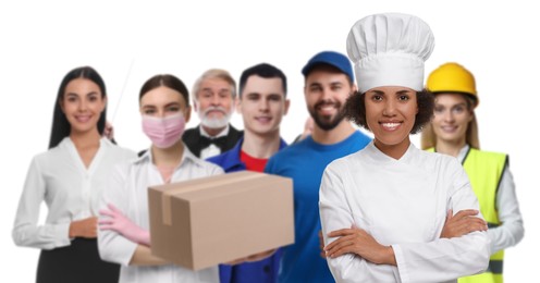 Cook and people of other professions on white background, selective focus. Banner design