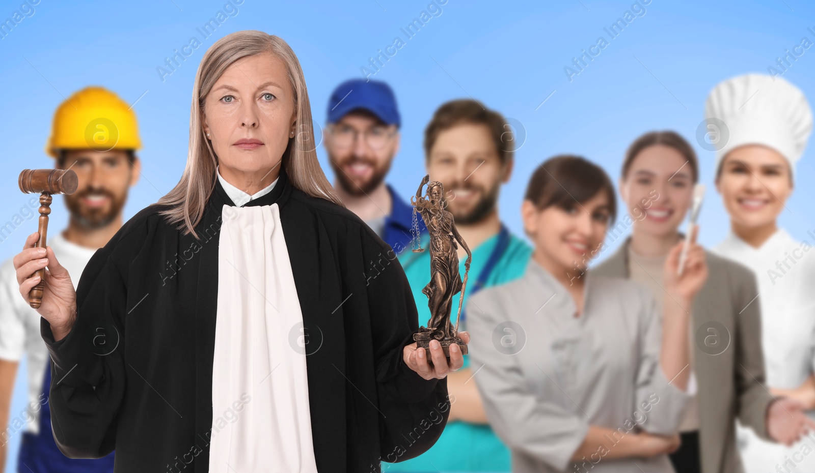 Image of Judge and people of other professions on light blue background, selective focus. Banner design