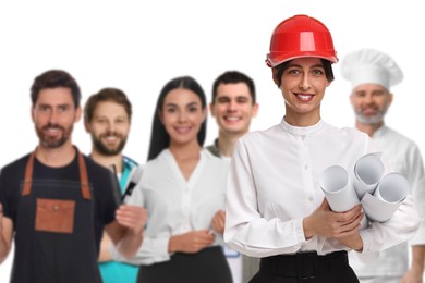 Image of Engineer and people of other professions on white background, selective focus