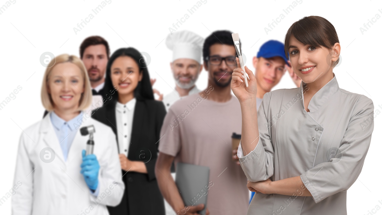 Image of Cosmetologist and people of other professions on white background, selective focus. Banner design