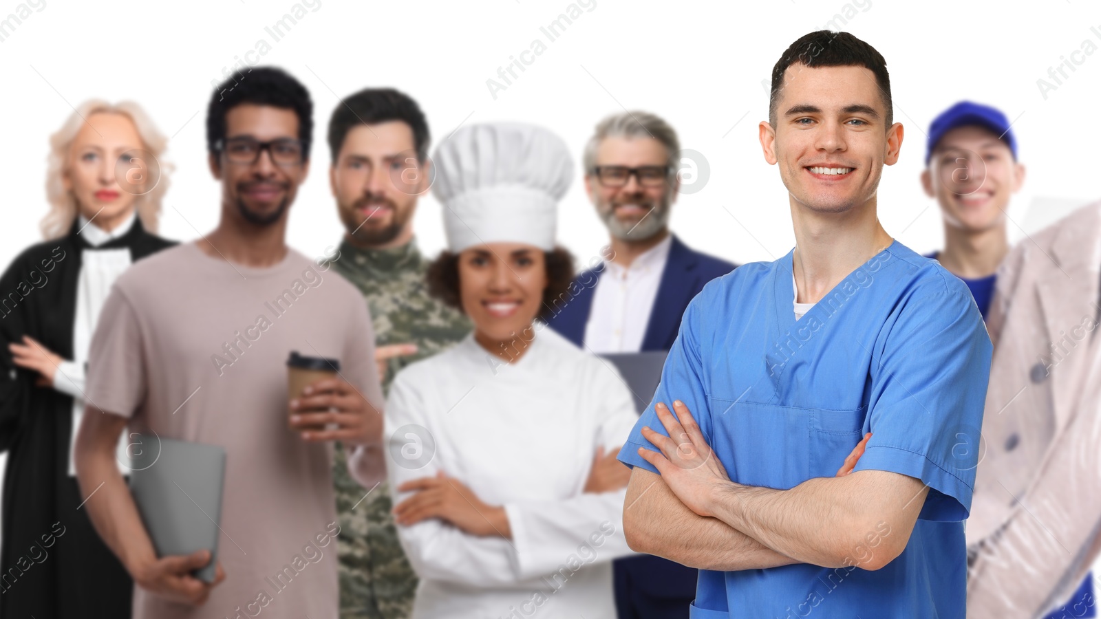 Image of Healthcare worker and people of other professions on white background, selective focus. Banner design