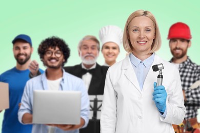 Image of Dermatologist and people of other professions on light green background, selective focus