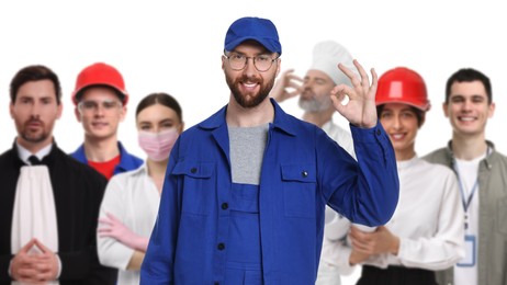 Technician and people of other professions on white background, selective focus. Banner design