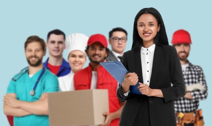 Secretary and people of other professions on light blue background, selective focus. Banner design