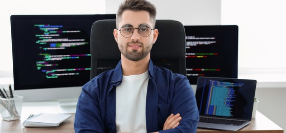 Programmer working at desk in office. Banner design