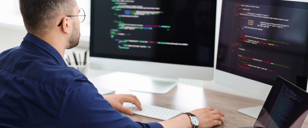 Image of Programmer working at desk in office, back view. Banner design