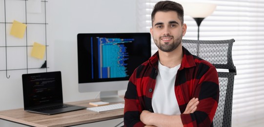 Programmer working at desk in office. Banner design