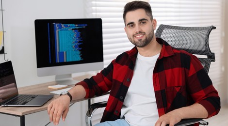 Image of Programmer working at desk in office. Banner design