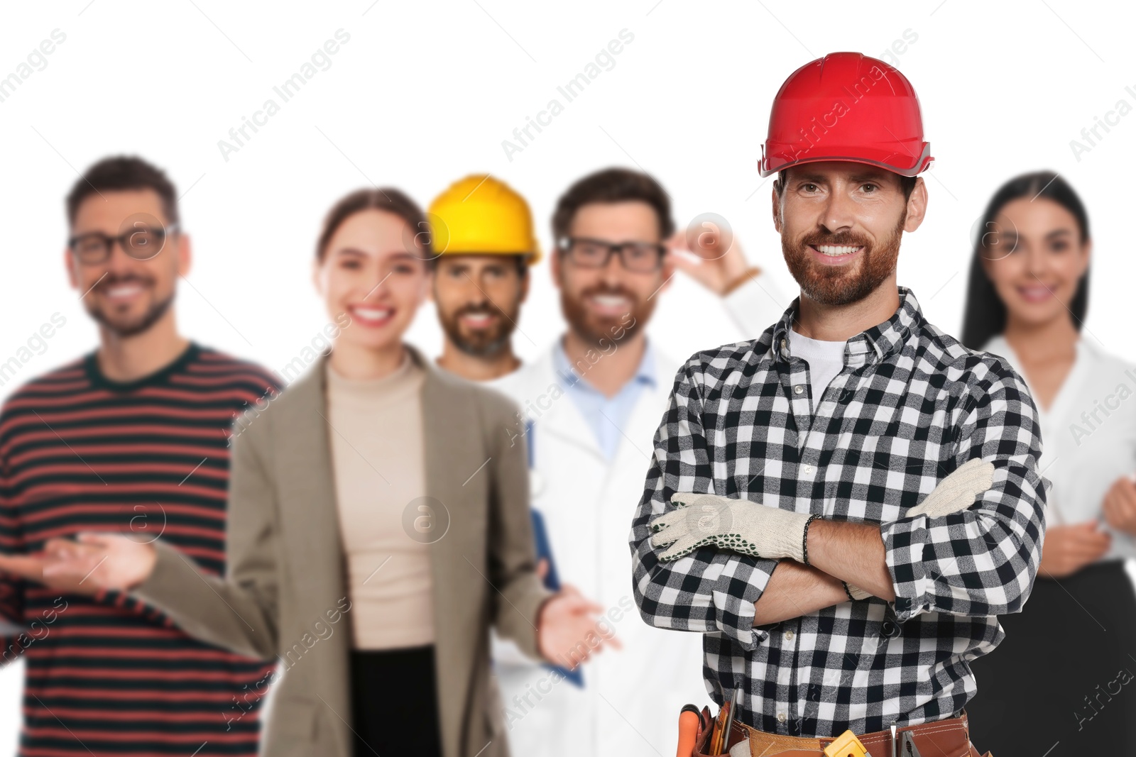 Image of Builder and people of other professions on white background, selective focus