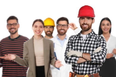 Image of Builder and people of other professions on white background, selective focus