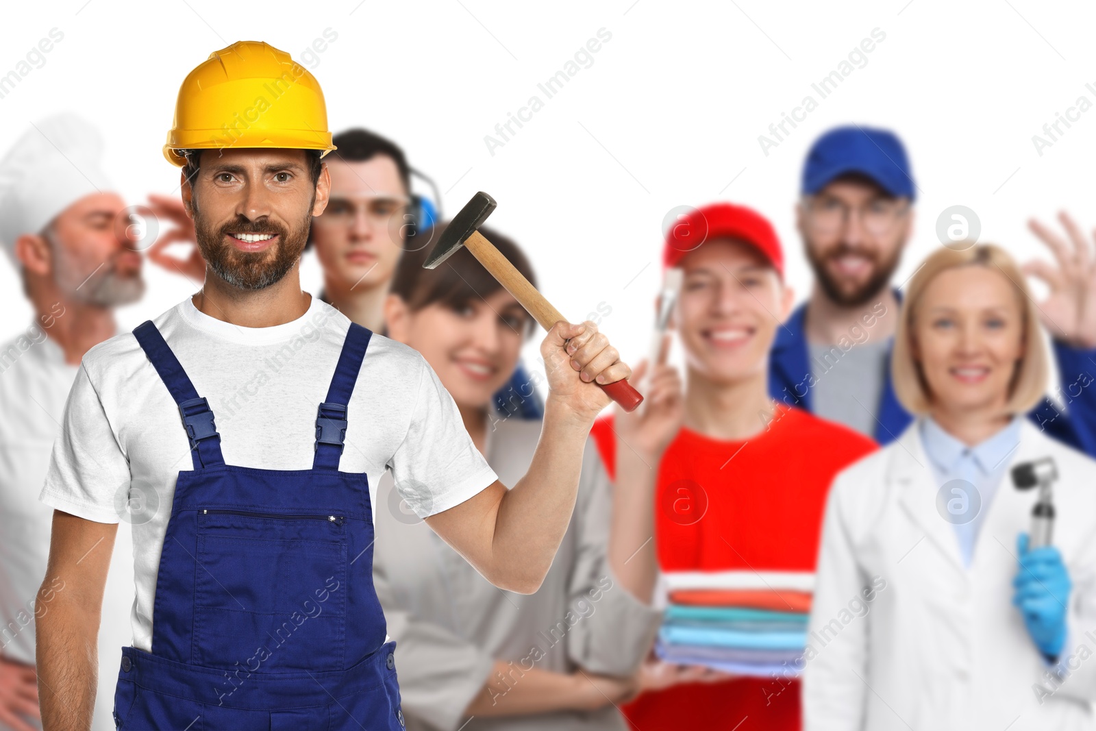 Image of Builder and people of other professions on white background, selective focus