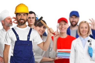 Builder and people of other professions on white background, selective focus