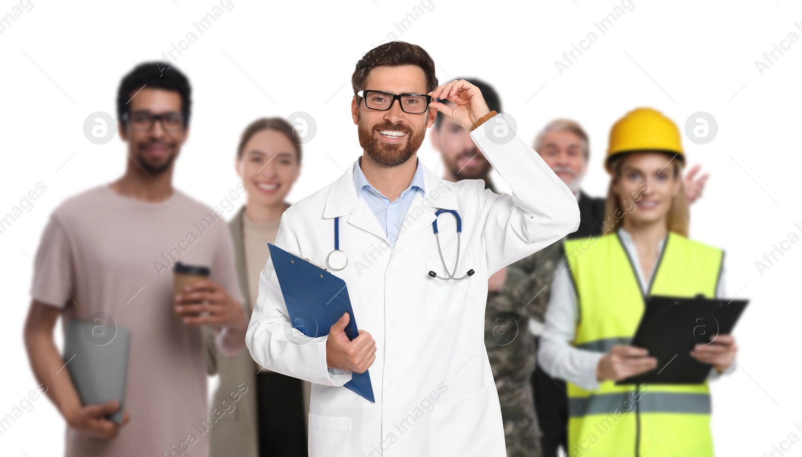 Image of Doctor and people of other professions on white background, selective focus. Banner design