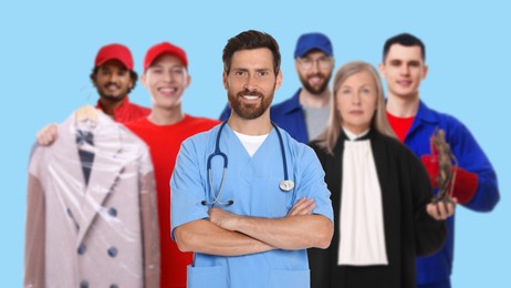 Image of Healthcare worker and people of other professions on light blue background, selective focus. Banner design