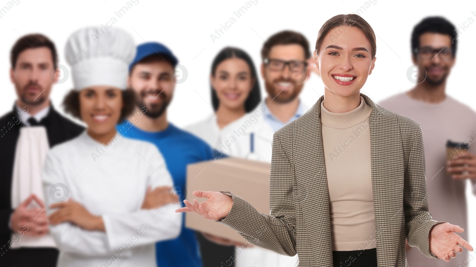 Image of Manager and people of other professions on white background, selective focus. Banner design