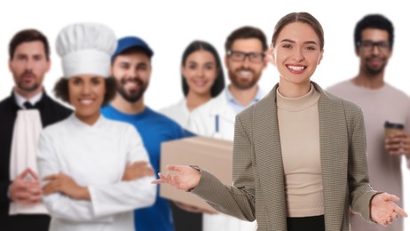 Manager and people of other professions on white background, selective focus. Banner design