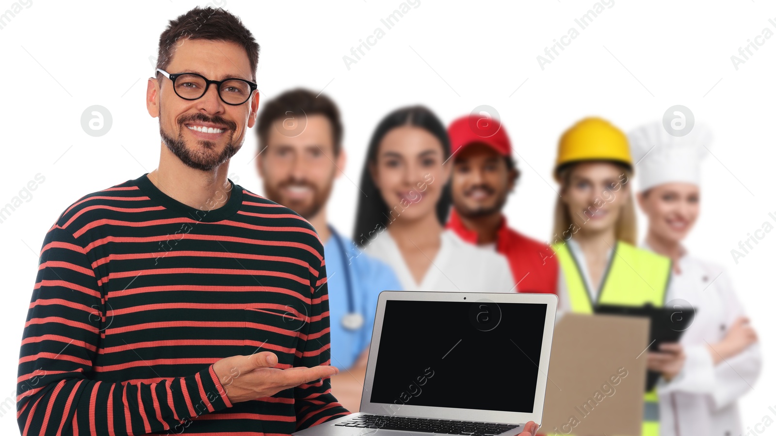 Image of Manager and people of other professions on white background, selective focus. Banner design