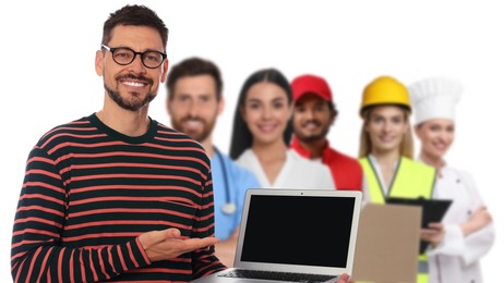 Manager and people of other professions on white background, selective focus. Banner design