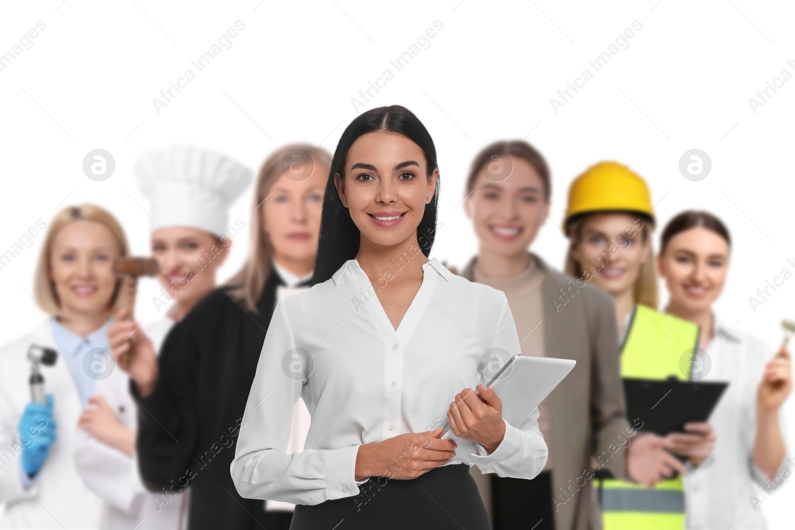 Image of Manager and people of other professions on white background, selective focus