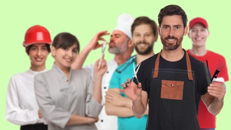 Image of Hairdresser and people of other professions on light green background, selective focus. Banner design