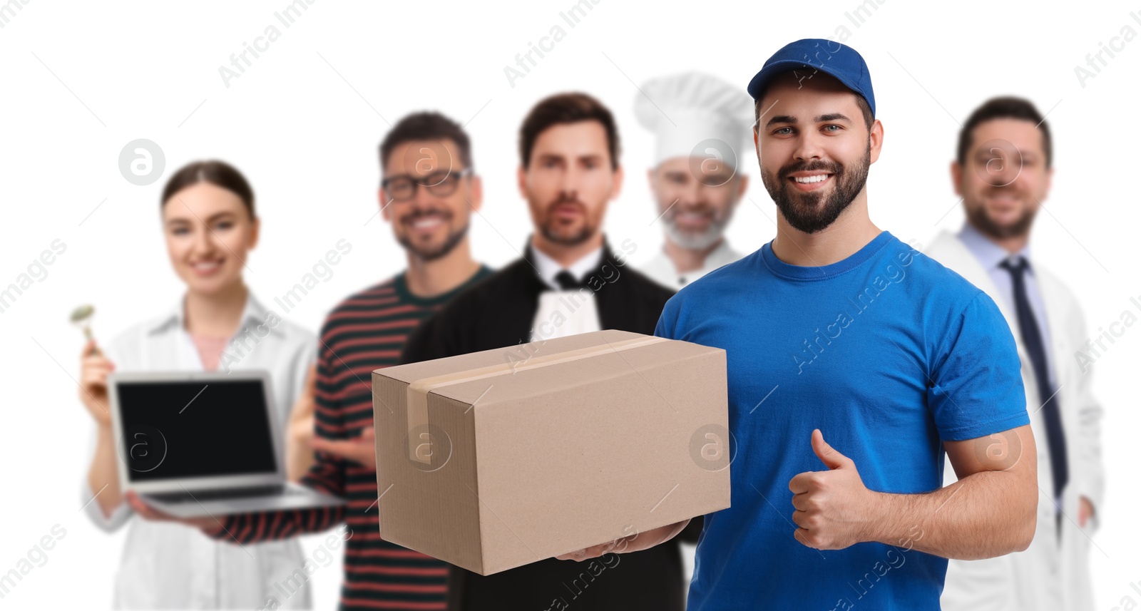 Image of Deliveryman and people of other professions on white background, selective focus. Banner design